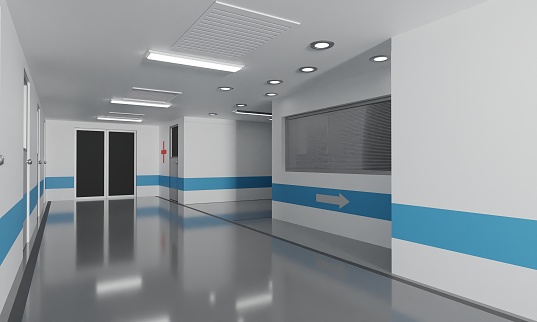 Side view inpatient room with corridor scene science fiction wallpaper background