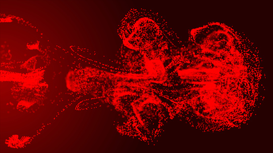 Red fluid particle dots are flowing in the animated video. Animation of glow fluid particles flowing with a dark background; abstract background with animation of flying and flickering liquid particles as bokeh of light.