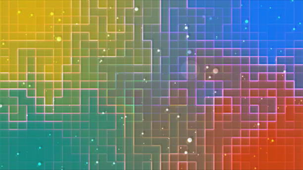 digitales quadratisches raster und sich bewegende partikel isoliert auf verlaufshintergrund. verpixelter technologiehintergrund mit farbigen quadraten. nahtlose looping-animation. - looping animation stock-fotos und bilder