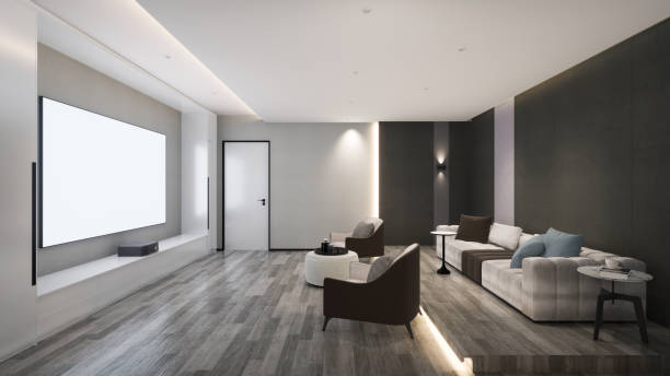 istock Small movie theater interior inside the house, comfortable atmosphere. 3D illustration 2027090973