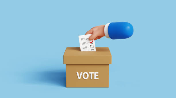 istock 3D hand leaving vote in the box. Voting, going to vote, citizen participation in voting. 3D hand in business attire leaving paper in ballot box, elections concept. 3d illustration 2027092013