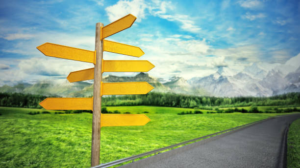 Road side signboard with many yellow blank arrows pointing different ways. Choice and decisions concept.