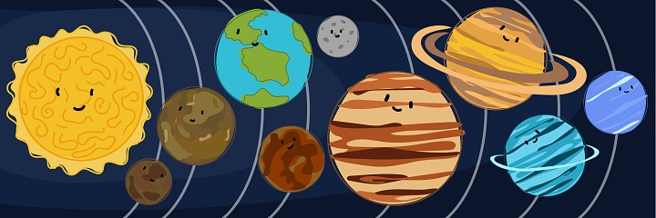 Colorful planets of the solar system in order with lines in space. Cartoon bright planets of the solar system moving around the sun in their orbits on a blue background. Space adventures