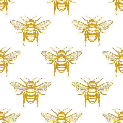 Hand Drawn Gold Colored Bee Seamless Pattern. Design Element, Clip art, Template for Greeting and Invitation Cards.