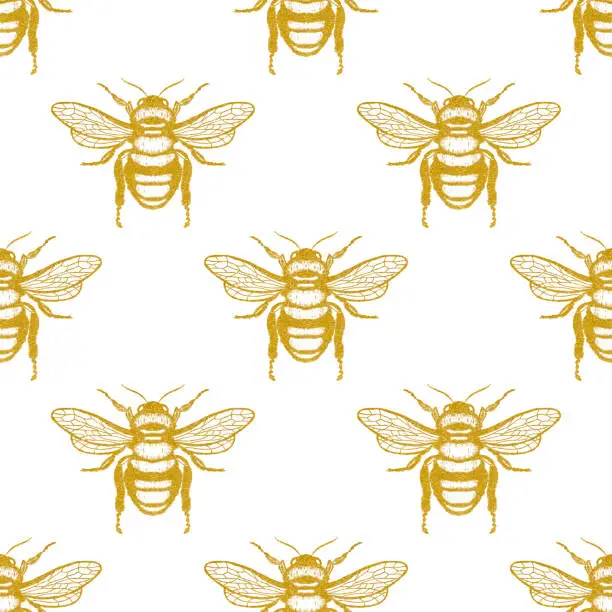 Vector illustration of Hand Drawn Gold Colored Bee Seamless Pattern. Design Element, Clip art, Template for Greeting and Invitation Cards.