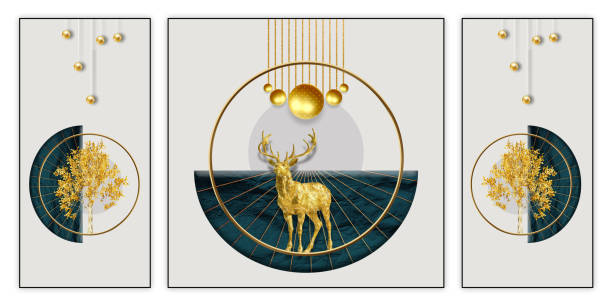 Modern minimal wall poster canvas art. paint golden wavy marble, tree, sun and deer. Abstract golden black circles on light gray background.