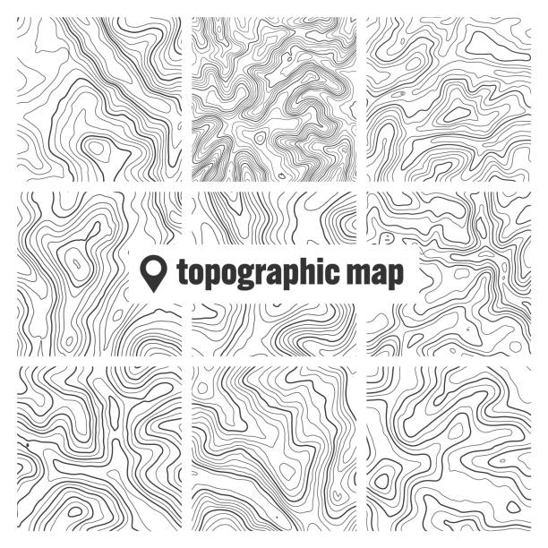 topographic map with contour lines. geographic terrain grid, relief height elevation. ground path pattern. travel and navigation, cartography design element. vector illustration - relief map topography extreme terrain mountain stock illustrations