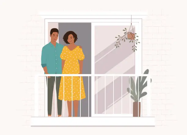 Vector illustration of Black Couple Standing On The Apartment Balcony.
