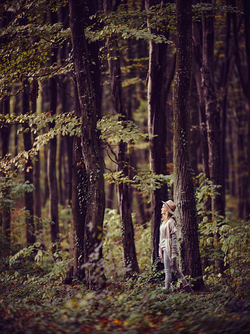 Young woman walking among trees during autumn day in the forest. Photographed in medium format. Copy space.