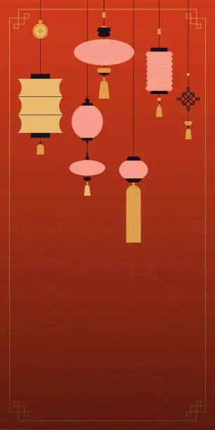 Vector illustration of Chinese lanterns background. Traditional red Asian lamps. New year celebration banner. Contemporary decorative poster. Festive garland and copy space for text. Minimalist design vector illustration