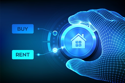 Buy or Rent house decision. Buying or renting. Choice between buying and tenancy. Real estate property concept. Wireframe hand turning a knob to switch from Buy to Rent option. Vector illustration