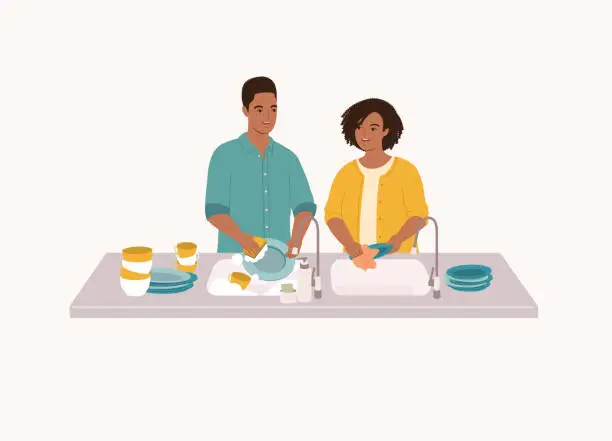 Vector illustration of Black Couple Washing Dishes Together.