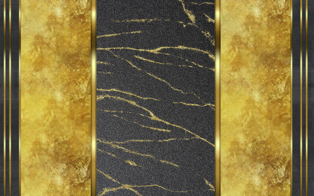 istock 3d abstract company mural wallpaper. Modern wall decor, golden pattern lines, and black marble and wooden and black shapes 2027126225