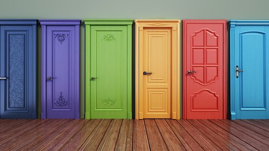 Vibrant colored various closed doors in a row. Choice and decisions concept