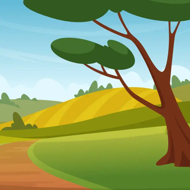 Vector illustration of Outdoor landscape cartoon background with standalone tree and green grass