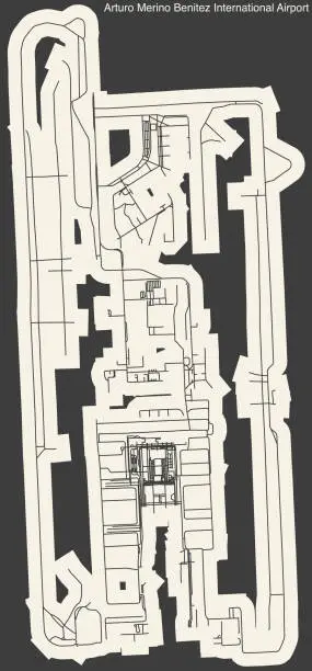 Vector illustration of Terminals layout plan of the ARTURO MERINO BENÍTEZ INTERNATIONAL AIRPORT (SCL, SCEL), PUDAHUEL