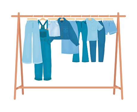 Denim clothes on hanger. Female wardrobe, various jean clothes hang. Fashion store or home wardrobe element. Blue pants, jacket and skirt snugly vector scene. Illustration of denim apparel textile