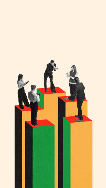 istock Men and women, colleagues standing on growing ,multicolored graphs, working on projects, cooperating with each other. Contemporary art collage. 2027136600