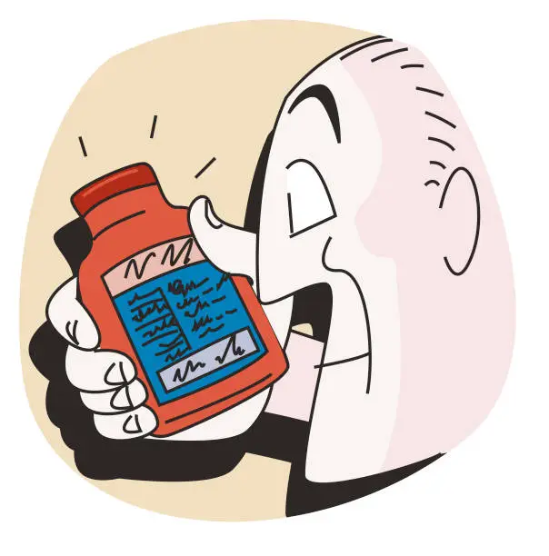 Vector illustration of man reading the label of the medicine bottle