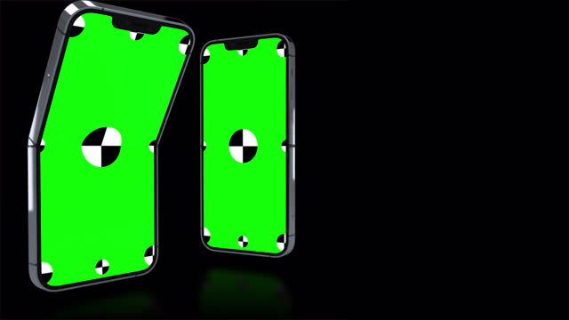 3D render of two folding smartphone with a green background. Rotating in screen. With a green screen for easy keying. Computer generated image. Easy customizable. 3D Illustration. 3D Illustration.