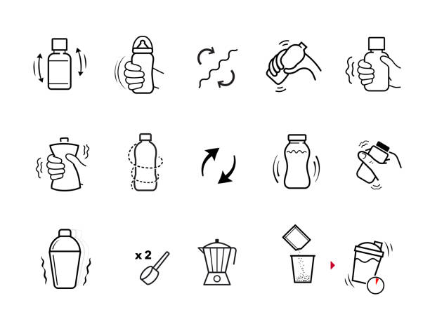 Shake icons set. Vector elements isolated on white background with high contrast. Set for package, shows user instruction. EPS10. protein powder bottle stock illustrations