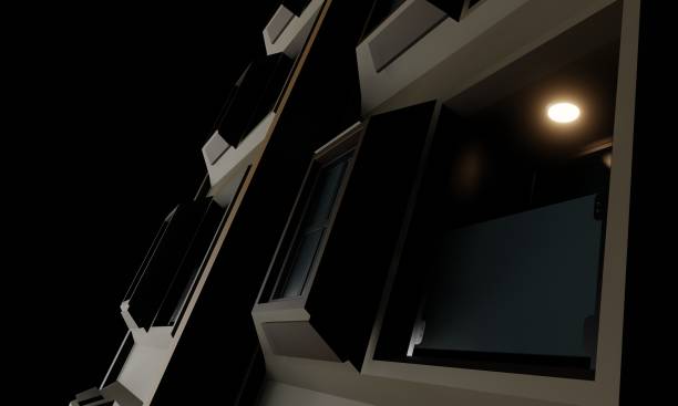 istock Window and balcony modern hotel tower in dark scene 2027153978