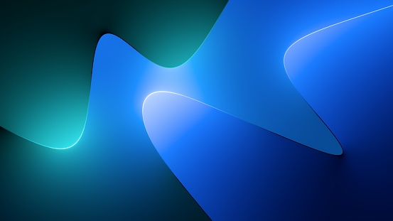 3d render, abstract background illuminated with green blue neon light. Glowing wavy lines, curvy shapes. Simple wallpaper