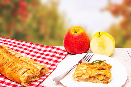 A roll of homemade baked fresh apple strudel with an appetizing slice of apple pie on the plate and fresh apples over abstract blurred natural background. Rustic breakfast concept.