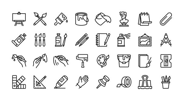 illustrazioni stock, clip art, cartoni animati e icone di tendenza di set di icone della linea art tools - artigianato