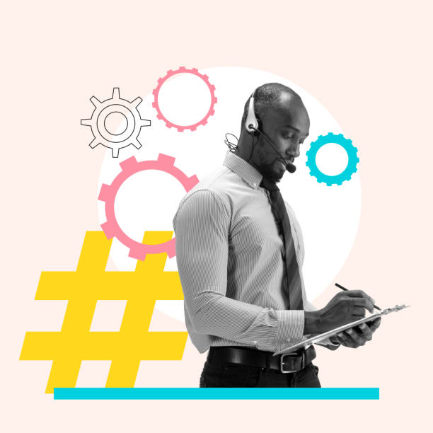 istock Male customer support operator working online, listening to people's problems, making notes and giving help. Contemporary art collage. 2027161644