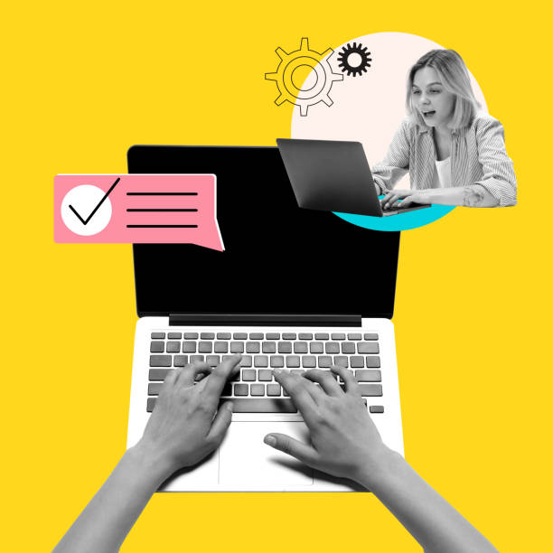 istock Young woman, customer support operator typing on laptop, communicating with clients and customers. Contemporary art collage. 2027161647