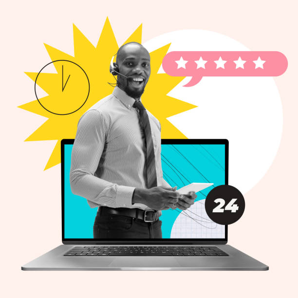 istock Smiling male customer support operator available for word 24 hours, appearing from laptop with 5 stars rating. Contemporary art collage. 2027161649