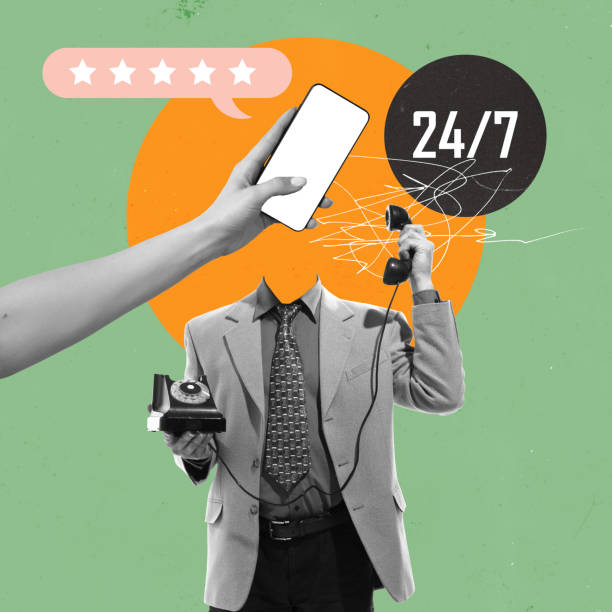 istock Headless man, operator working all day long, communicating with customers and receiving 5 stars rating. Contemporary art collage. 2027161653