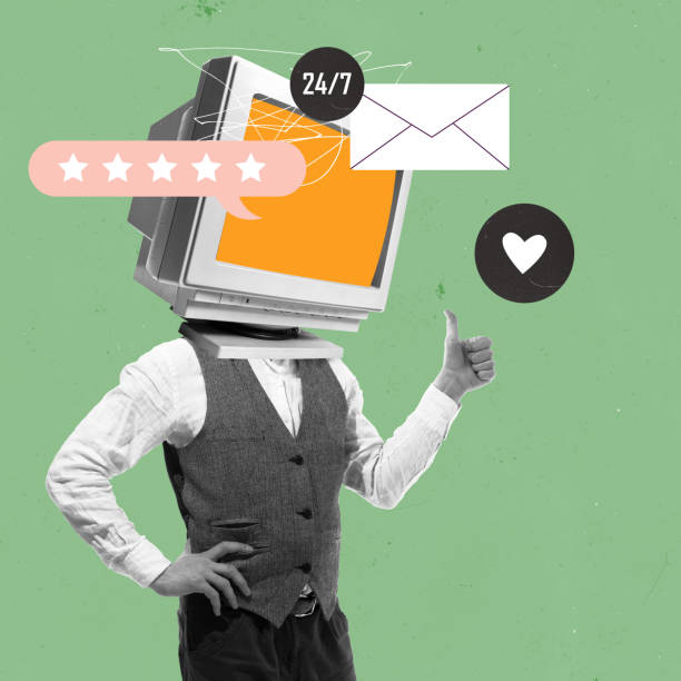 istock Man headed with computer, rating line and letters, available all time, receiving positive response. Contemporary art collage. 2027161660