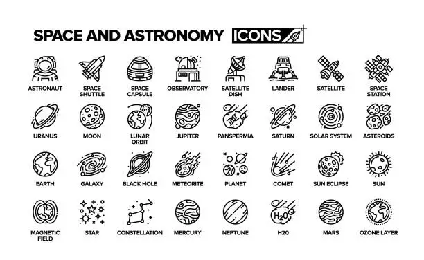 Vector illustration of Space and Astronomy Line Icon Set