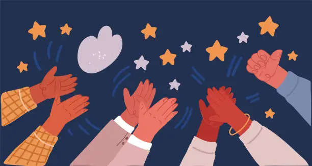 Vector illustration of Cartoon vector illustration of Human hands clapping. People crowd applaud to congratulate success job. Hand thumbs up. Business team cheering and ovation support celebration, appreciation friendship