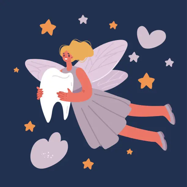 Vector illustration of Cartoon vector illustration of Funny cartoon Tooth Fairy. Cute girl with fair hair and wings. Fairy in blue dress with tooth print. Illustration for kids and children