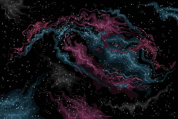 Vector Space Nebula Vector Space Nebula, astronomical horizontal poster with cartoon design Veil Nebula (heated and ionized diffuse material) in deep space, cataclysmic cosmo print on abstract starry space background constellation cygnus stock illustrations