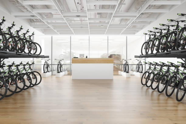 Empty Bicycle Shop With Bikes Standing In A Row