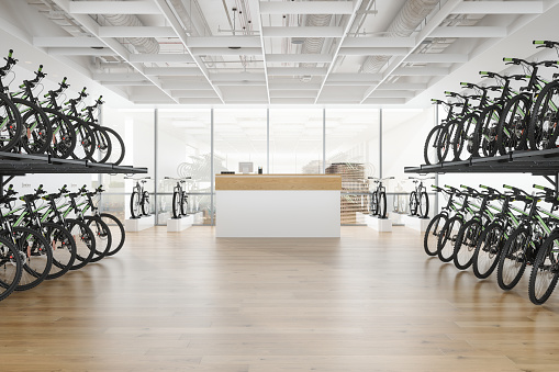 Empty Riding Gear Shop Empty Bicycle Shop With Bikes Standing In A Row Stock Photo - Download ...