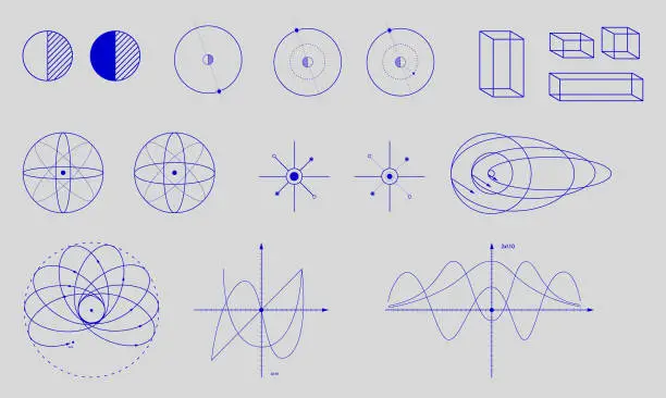 Vector illustration of Set of various mathematical and geometric diagrams, shapes in blue color on light background. Modern aesthetics, minimalist art.