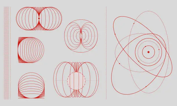 Vector illustration of Illustrations of magnetic field lines and orbital paths in red on a white background. Abstract geometric shapes