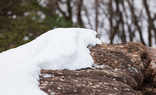 Cold winter, snow piled up on rocks.