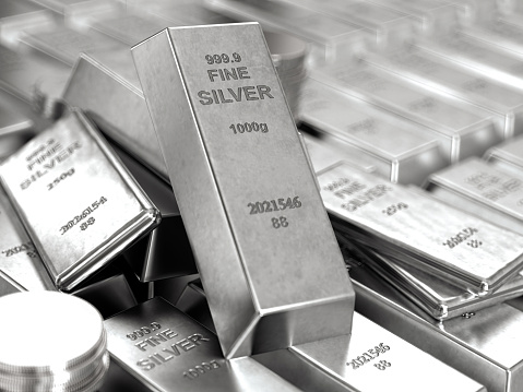 Stack of Shiny Silver Bars Ingots and Coins . 3D Render