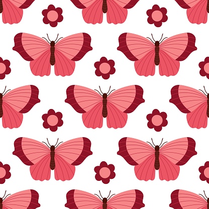 Butterfly Flower Garden Seamless Pattern. Children's background with butterflies and flowers. Hand drawn sketch element. Red Flying butterfly. Repeated background for wallpaper, textile, wrapper