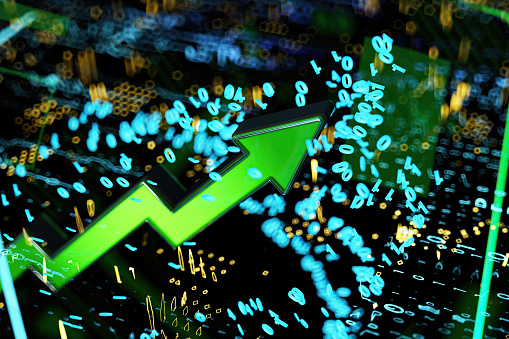 Up Trending Green Arrow with Abstract Futuristic  Binary Code and Glowing Data Particles. 3D Render