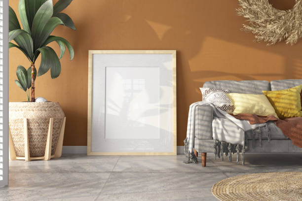 Empty Picture Frame Against Beige Wall in a Cozy Living Room