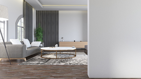 Empty White Wall and a Modern Living Room. 3D Render