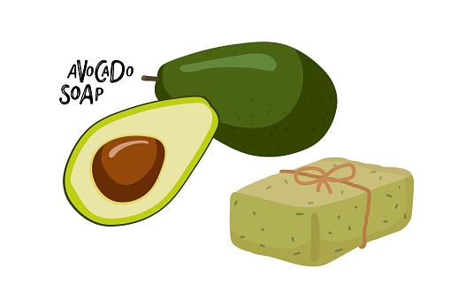 Avocado and green bar of hand made soap. Avocado soap bar. Natural avocado cosmetics. Avocado fruit, soap, inscription. Body, facial skin, hair care. Cartoon vector illustration for organic cosmetic.