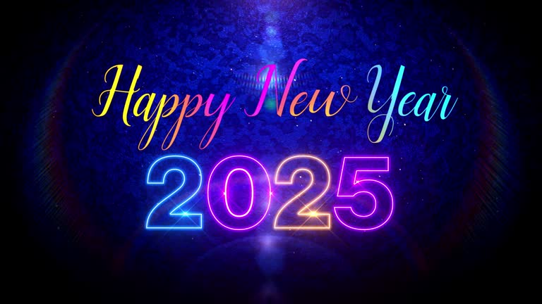 Festive Blue Colorful Happy New Year 2025 Text Reveal Neon Light Flare On Dark Blue Shiny Vignette Rough Pattern Texture Falling Snow